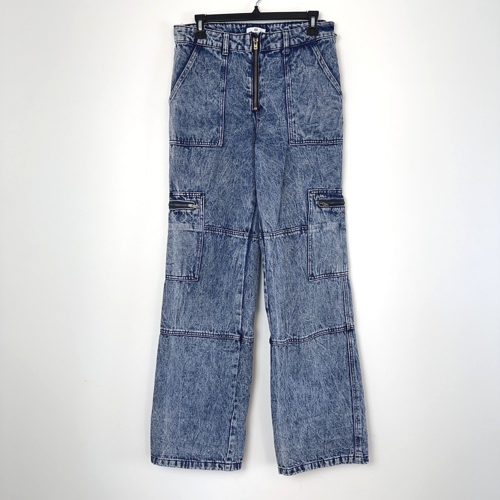BP Women Cargo Jeans 29x32 Acid Wash Baggy Wide‎ Leg Exposed Zip High Rise Retro